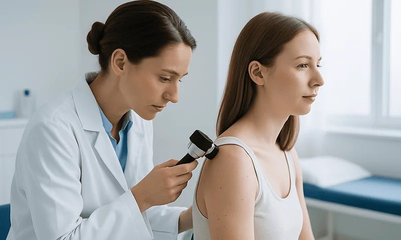 Dermatologist examining a patient's shoulder with a dermatoscope in a clinic.