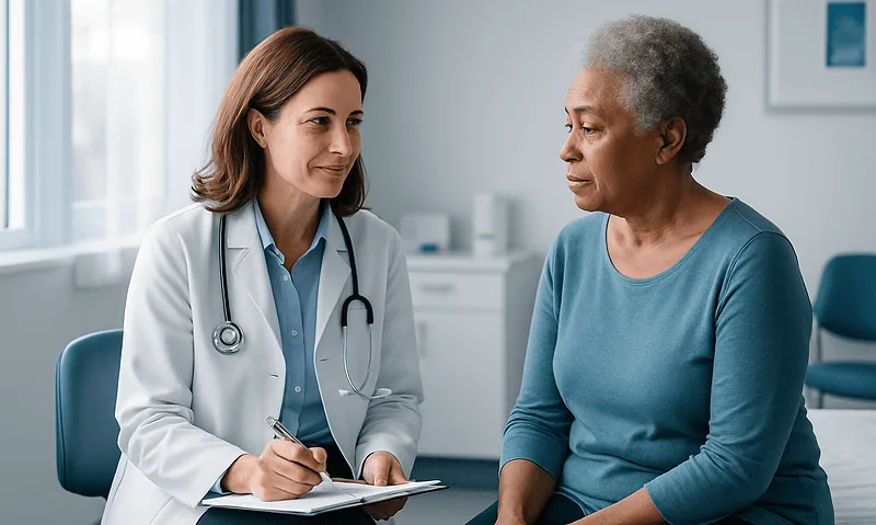 Doctor consulting with an elderly patient in a medical office.