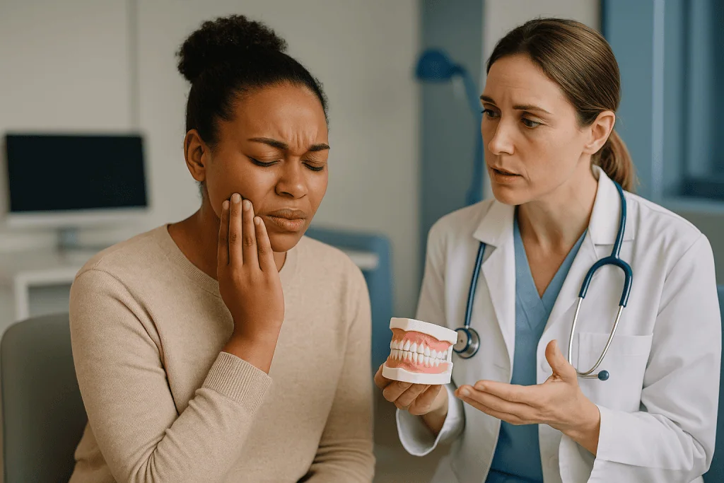 Dentist consulting patient about tooth sensitivity using model: Zings, aches and white gums: three different problems