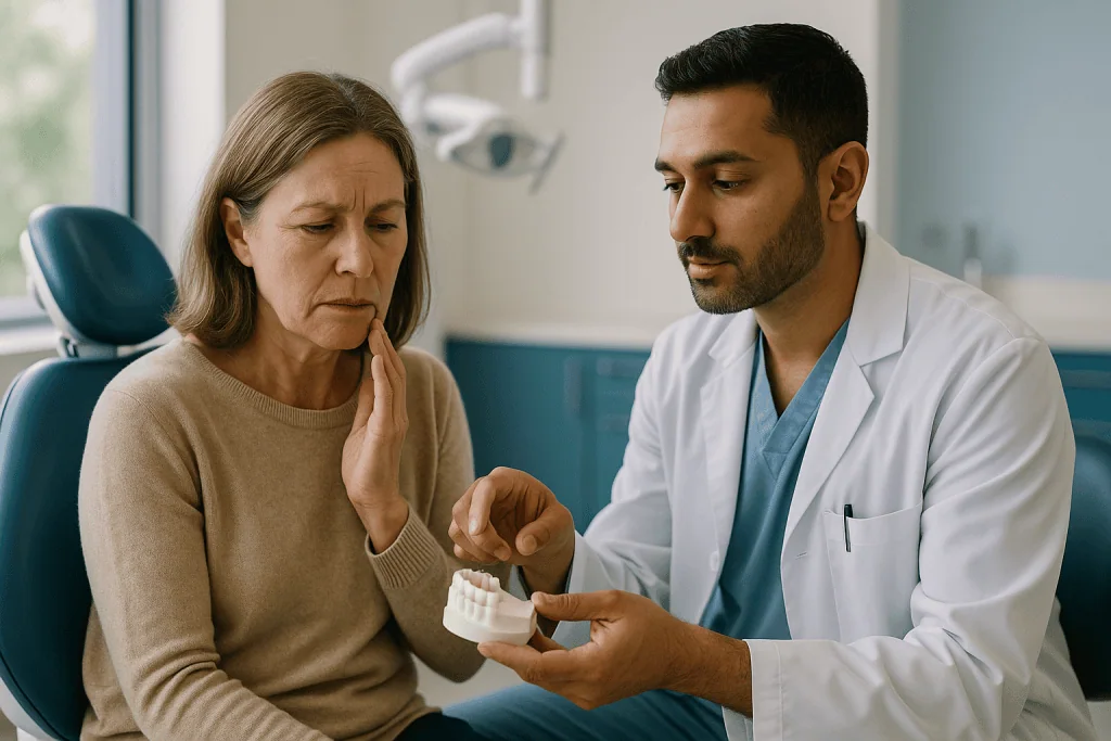 Dentist consulting patient about dental crown model: Zirconia crown preparation: what tooth shaping actually involves