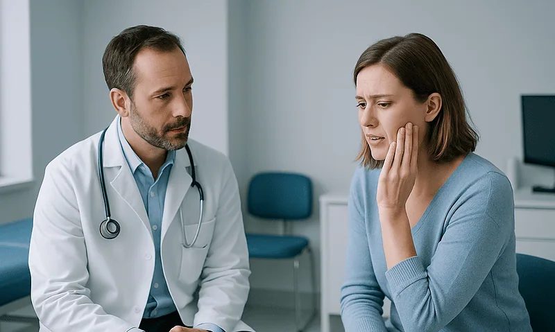 Patient consulting with a doctor about dental discomfort and sensitivity.