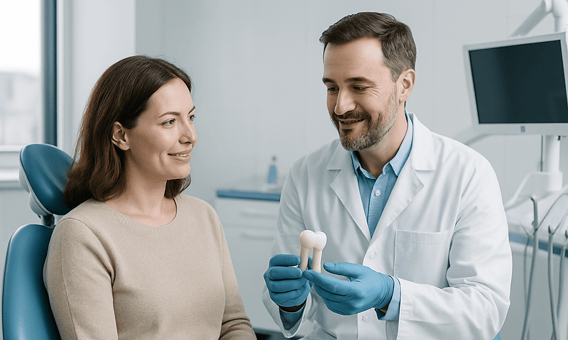 Dentist explaining dental crown procedure to patient in clinic.