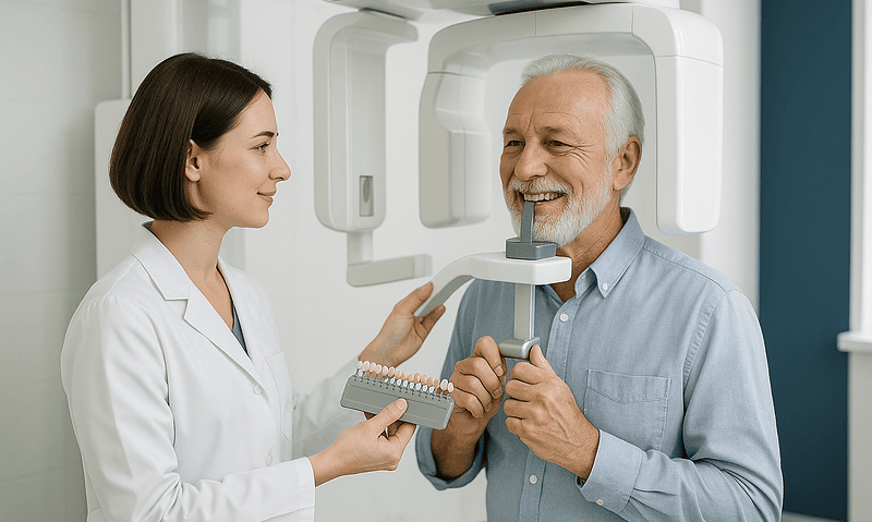 Dental technician and patient during X-ray imaging at Acibadem Hospital.