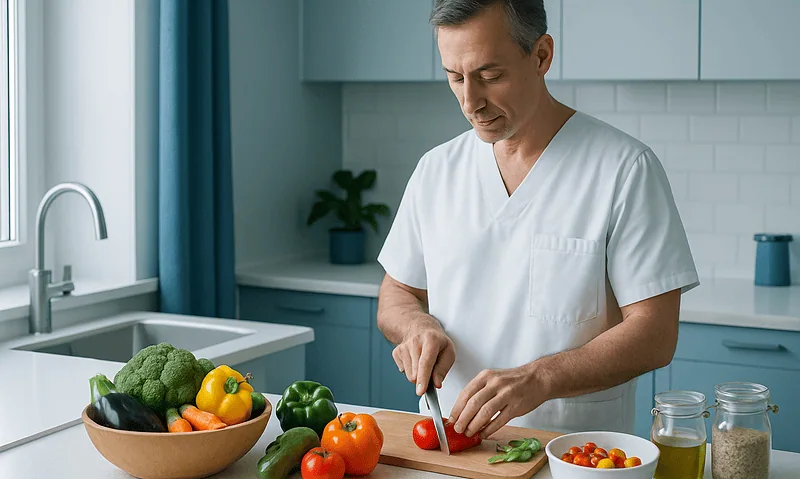Doctor preparing fresh vegetables in a modern kitchen for a healthy diet.