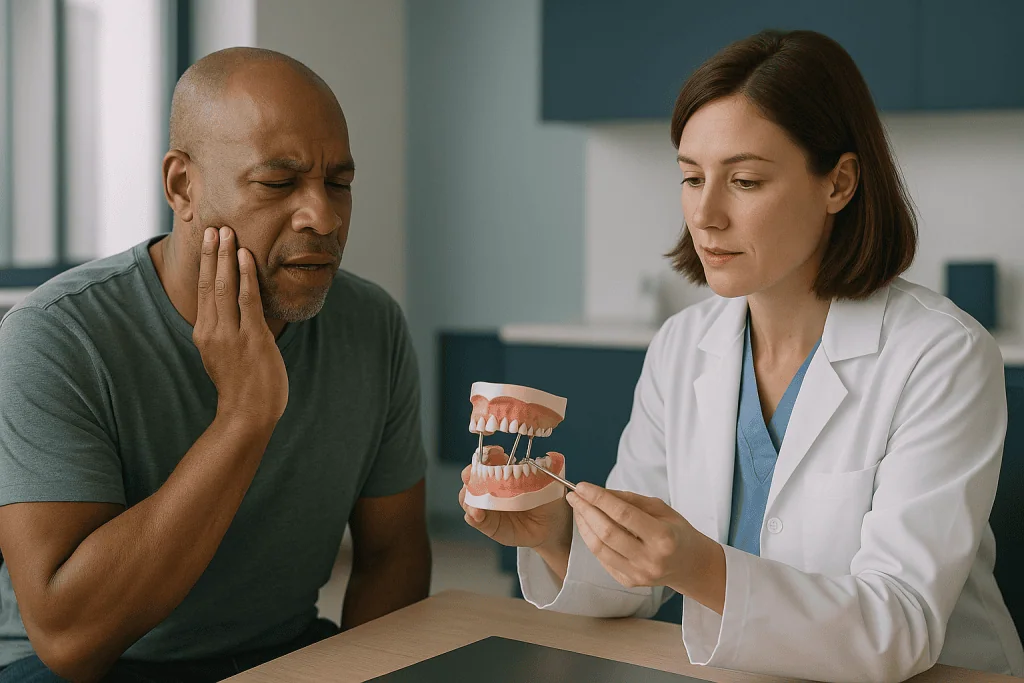 Dentist consulting patient about dental implant model: Zygomatic implant complications at a glance