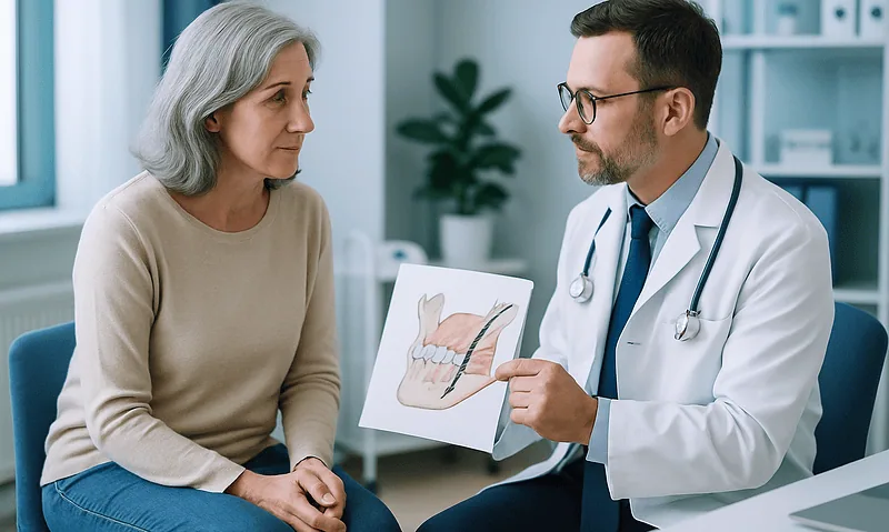 Dentist explaining zygomatic implant procedure to a patient.