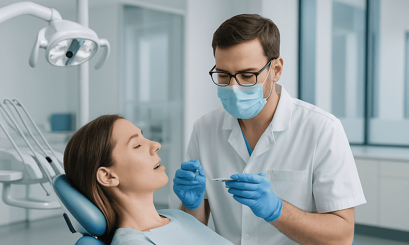 Dentist examining patient in dental clinic with modern equipment.