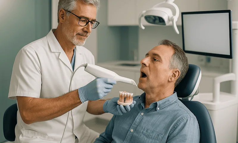Dentist examining patient's mouth with dental model in clinic.
