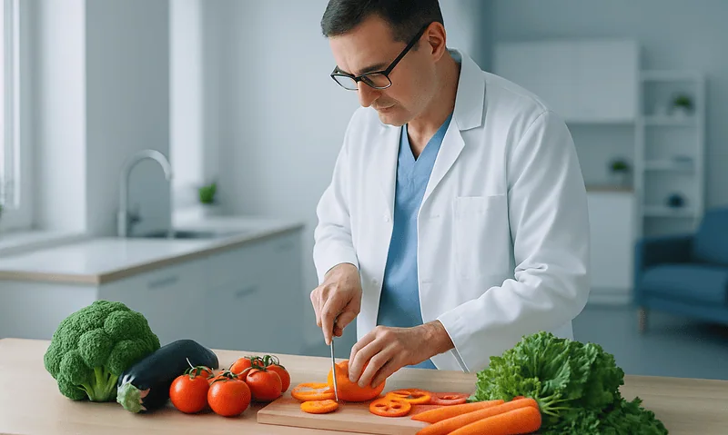 Doctor preparing fresh vegetables in a modern clinic kitchen.