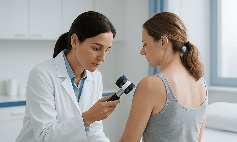 Doctor examining a patient's skin with a magnifying device in a clinical setting.