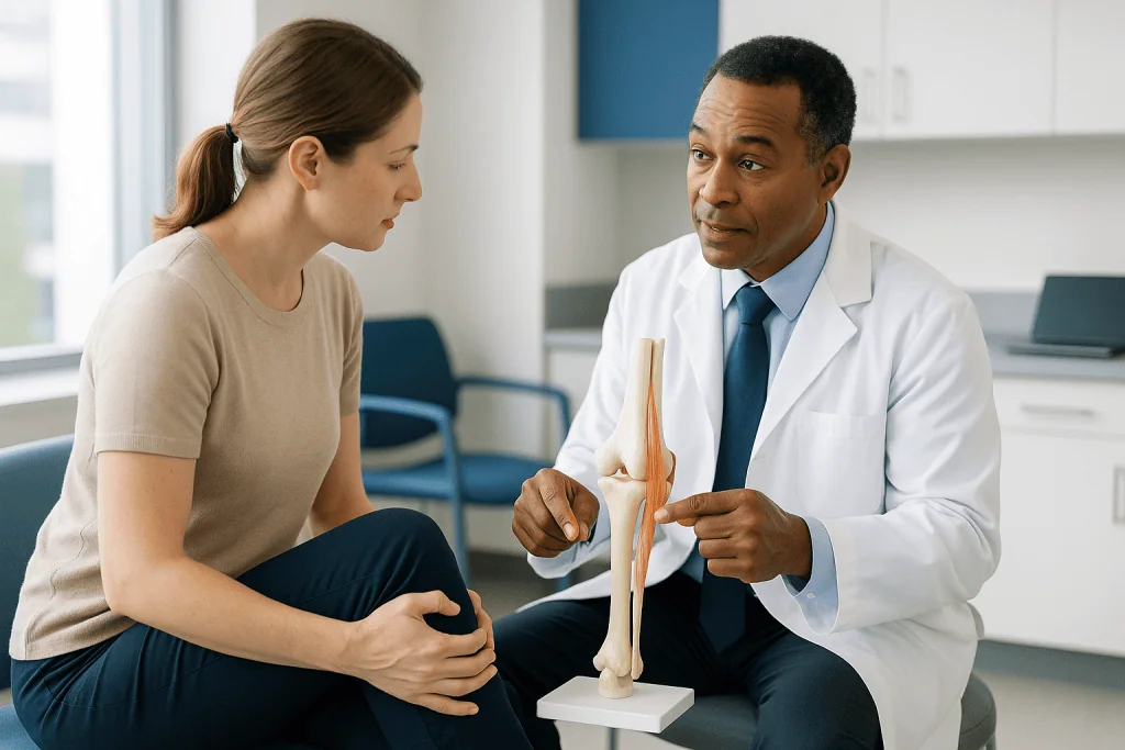 Doctor explaining knee anatomy model to patient: ACL surgery graft options: patellar tendon, hamstring, quadriceps or donor