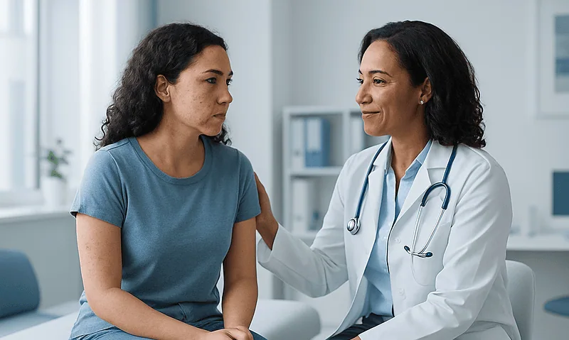 Dermatologist consulting with a patient about acne scars treatment options.