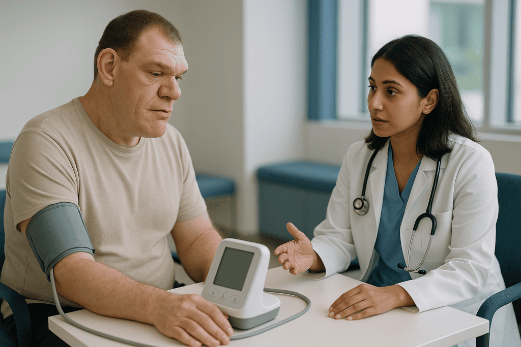 Doctor consulting patient with blood pressure monitor: Acromegaly monitoring after surgery: why it does not end when the tum