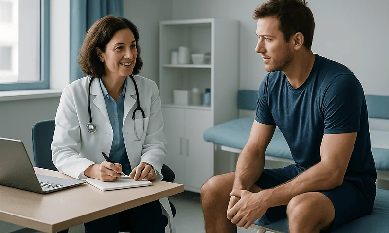 Doctor consulting with a male patient in a medical office setting.
