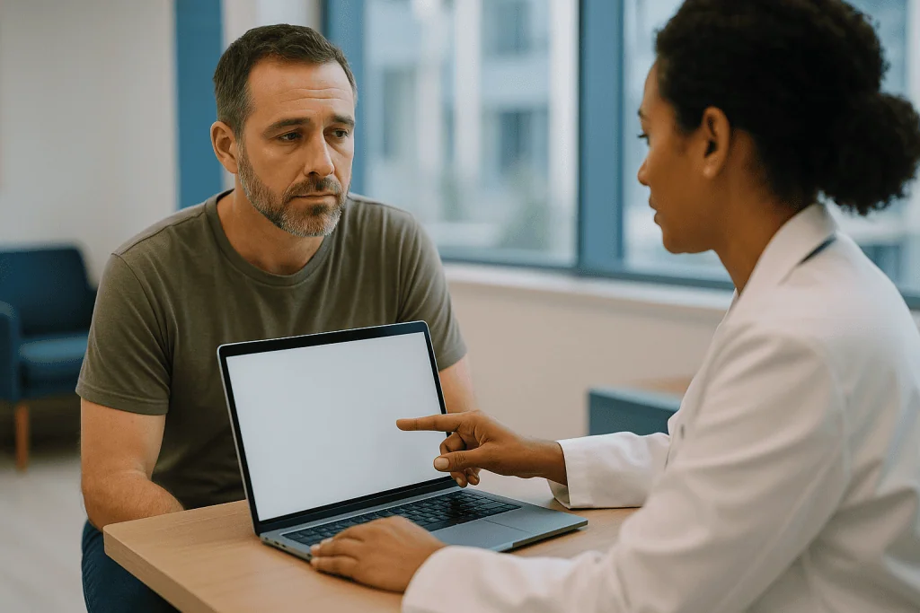 Two people having a consultation at laptop in modern office: Active surveillance for testicular cancer: what actually happen