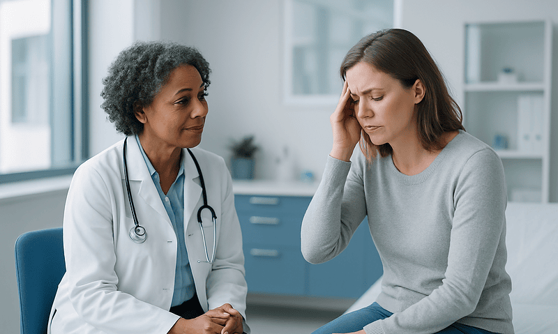 Doctor consulting with a woman patient about health concerns in a medical office.
