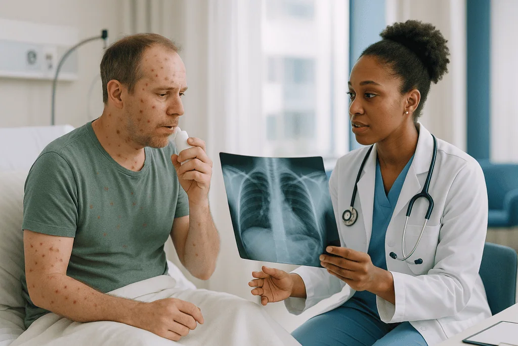 Doctor examining chest X-ray with adult patient: Adult chickenpox complications: pneumonia, encephalitis and skin infection