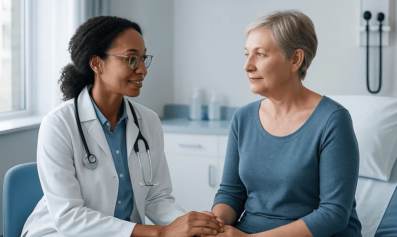 Doctor consulting with a patient in a hospital room.