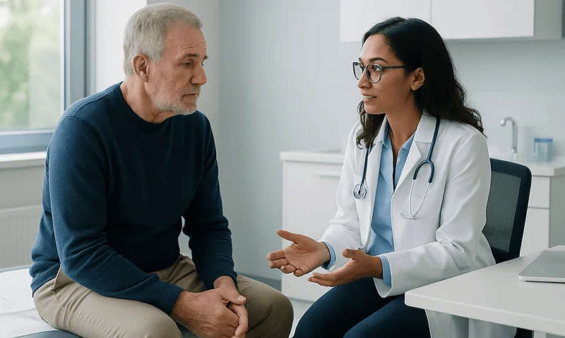 Doctor discussing health options with an older male patient in a clinic.
