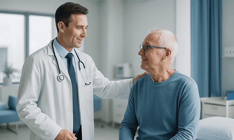 Doctor talking to an elderly patient in a hospital room.
