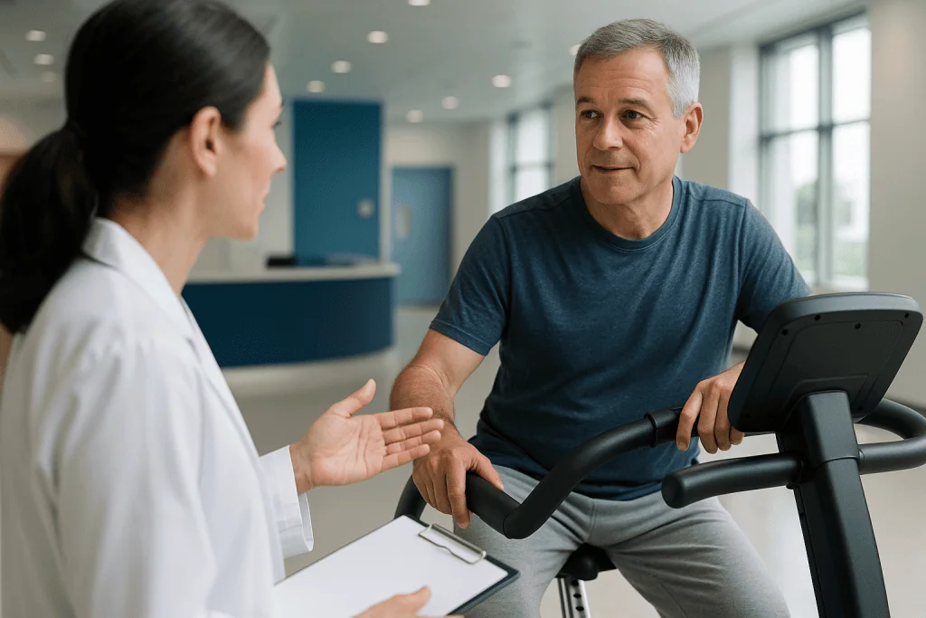 Healthcare provider consulting patient on exercise equipment: After cardiac rehab, how do you keep exercising safely on your