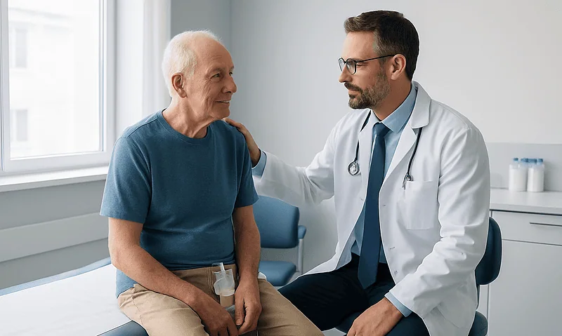 Doctor consulting with elderly male patient in hospital room.