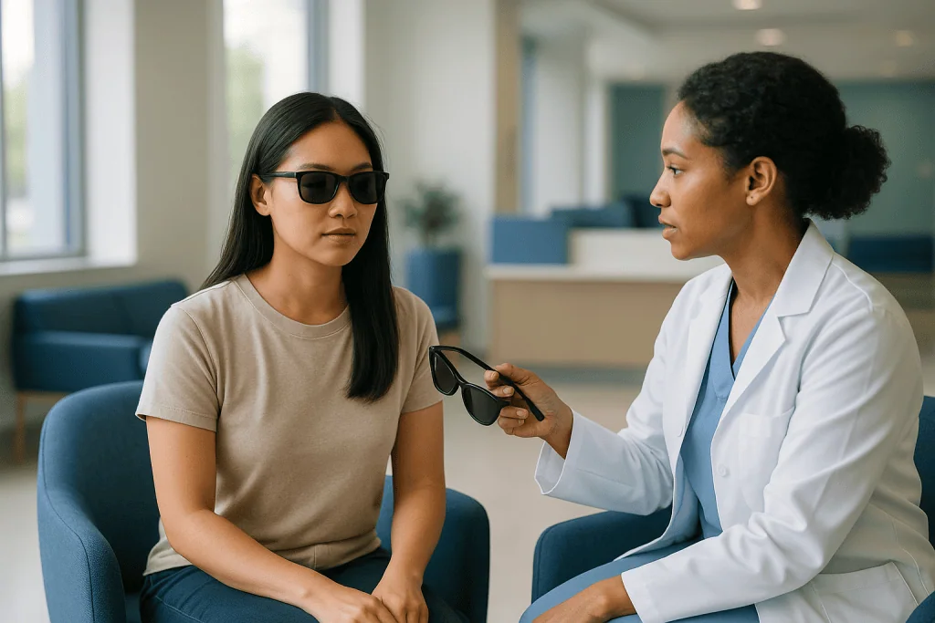 Doctor consulting patient about sunglasses indoors: After LASEK surgery sun protection: why the first weeks matter most