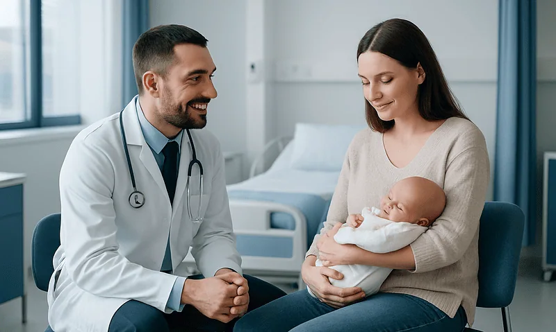 Pediatrician consulting new mother with baby in hospital room.