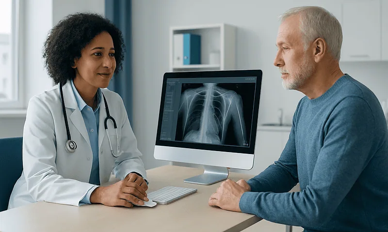Doctor discussing chest X-ray with senior male patient in clinic.