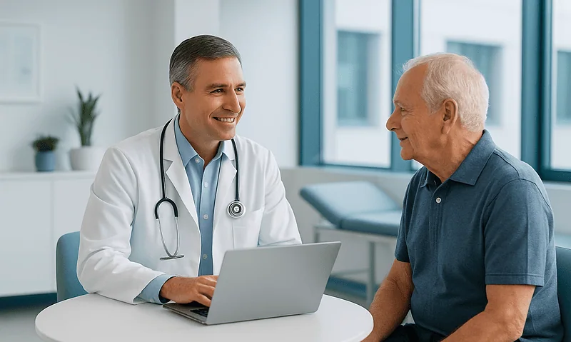 Doctor consulting with elderly patient in modern hospital setting.