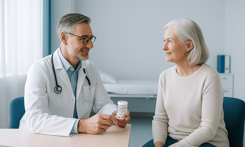 Doctor consulting with elderly woman in a medical office.