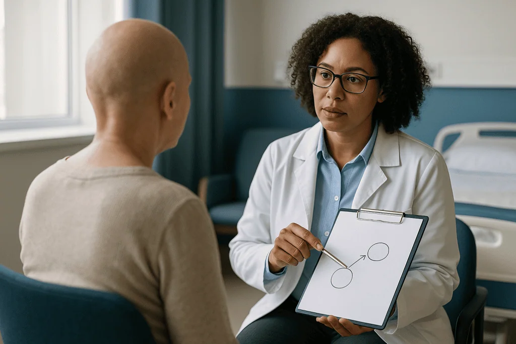Doctor consulting patient with diagram on clipboard: Allogeneic vs autologous transplant for leukemia: what is the differenc
