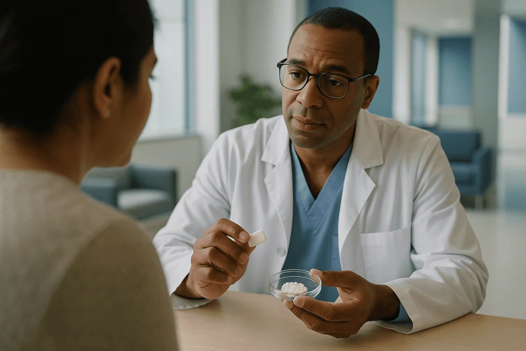 Doctor in consultation showing medication or sample to patient: Allograft: donor bone and how it is processed