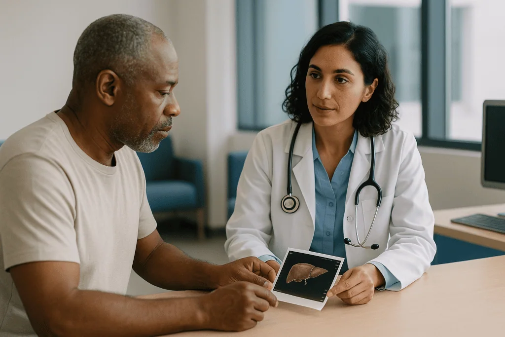 Doctor showing liver scan results to adult male patient: ALT, AST and GGT: what each liver enzyme tells you