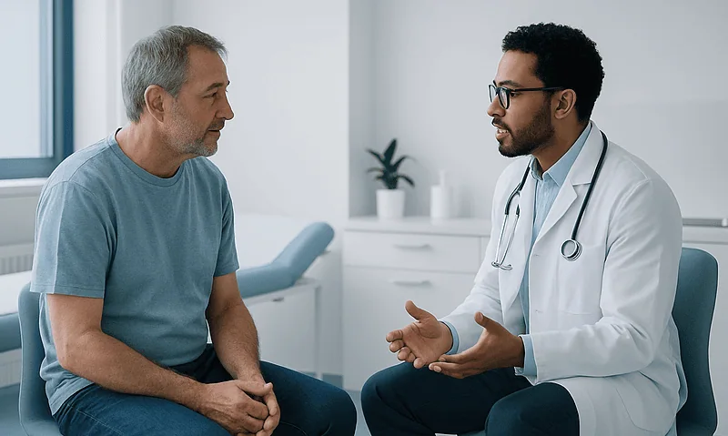 Andropause: Is 'Male Menopause' Real? What Testosterone Actually Does After 40 5 Doctor consulting with middle-aged male patient in a medical office.