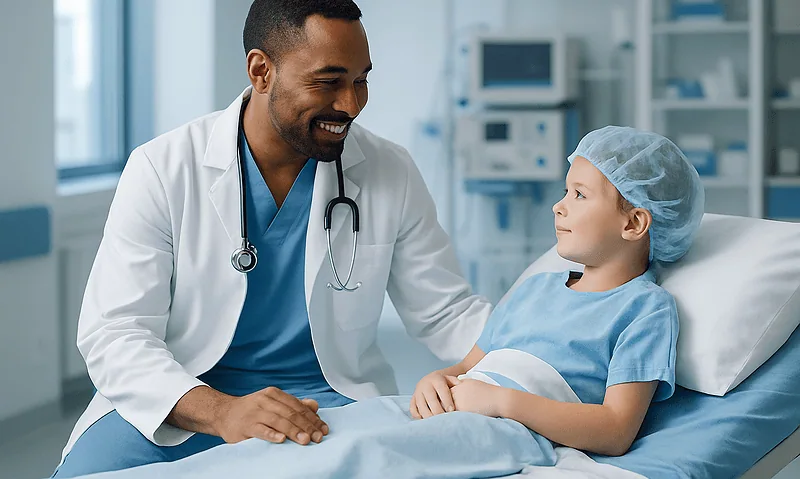 Pediatric patient with doctor in hospital room.