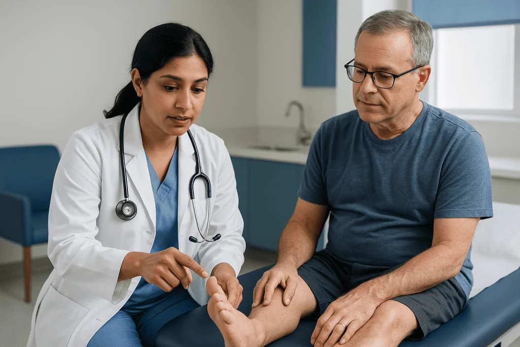 Doctor examining patient's foot or ankle in clinic: Anesthesia for toe surgery: digital blocks and ankle blocks