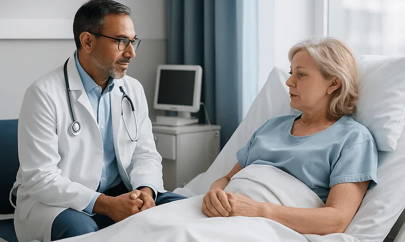 Doctor consulting with a patient in a hospital room.