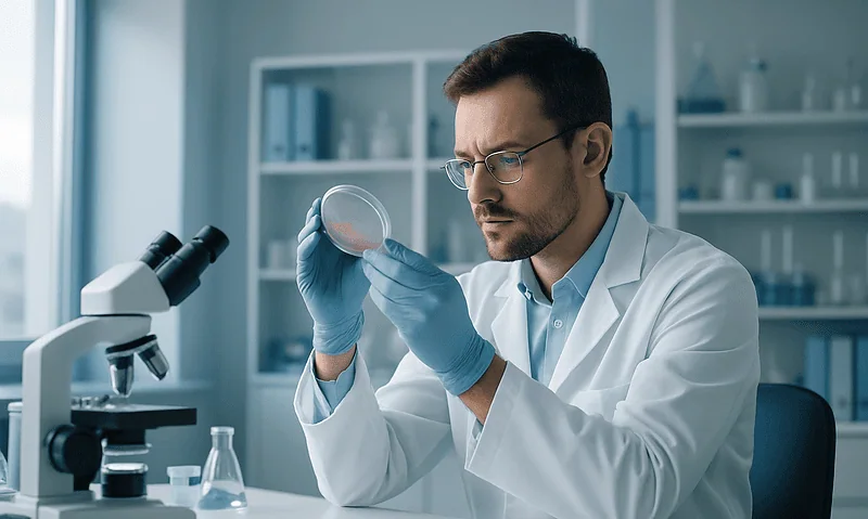 Research scientist examining a petri dish in a laboratory setting.