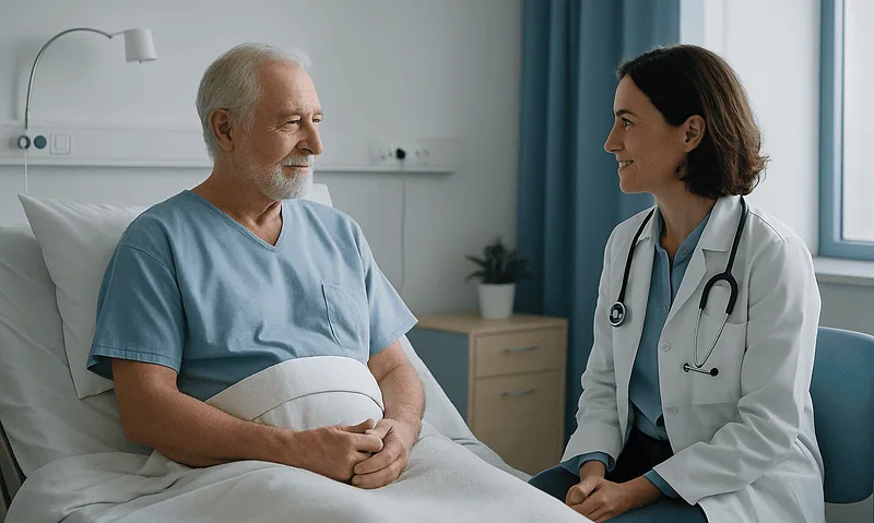 Aortic Aneurysm Repair Recovery: Hospital Nights, Wound Healing and Weeks Back to Routine 3 Doctor consulting with senior male patient in hospital room.