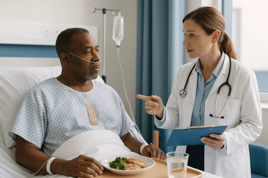 Doctor consulting with patient holding meal tray in hospital bed: Aortic aneurysm surgery recovery timeline: the first hours