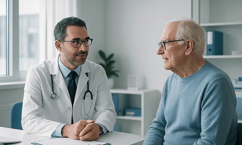 Doctor consulting elderly patient in a modern clinic setting.