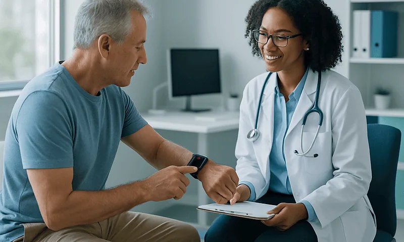 Doctor showing smartwatch ECG data to a patient in a clinic.