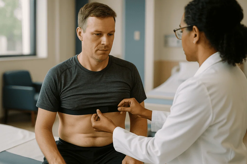 Doctor examining patient's chest and abdomen: Are chest strap heart rate monitors accurate? What the evidence actually says