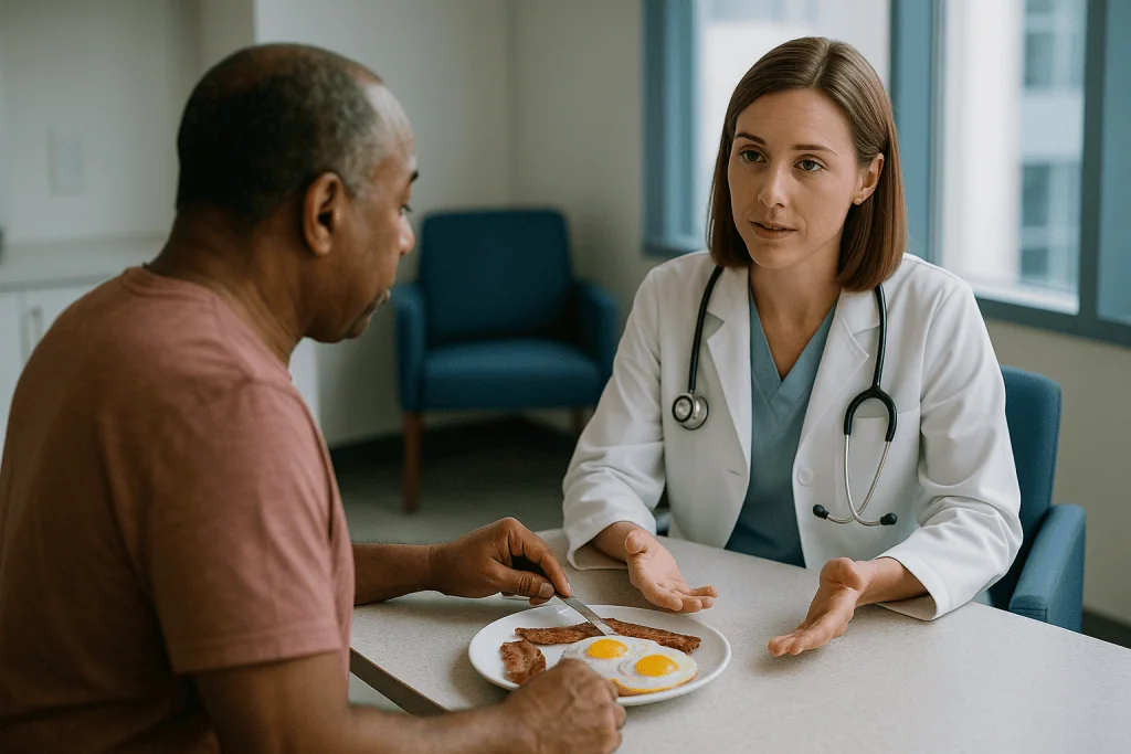 Doctor consulting patient at table with food plate: Are eggs bad for cholesterol, or is it what sits beside them?