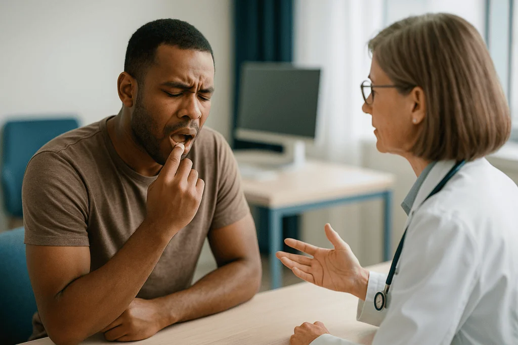 Doctor consulting patient about oral health concern: Are mouth ulcers common?