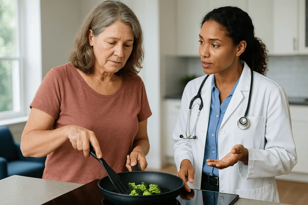 Doctor consulting patient about cooking in kitchen: Are nonstick pans safe? What PTFE does and does not do