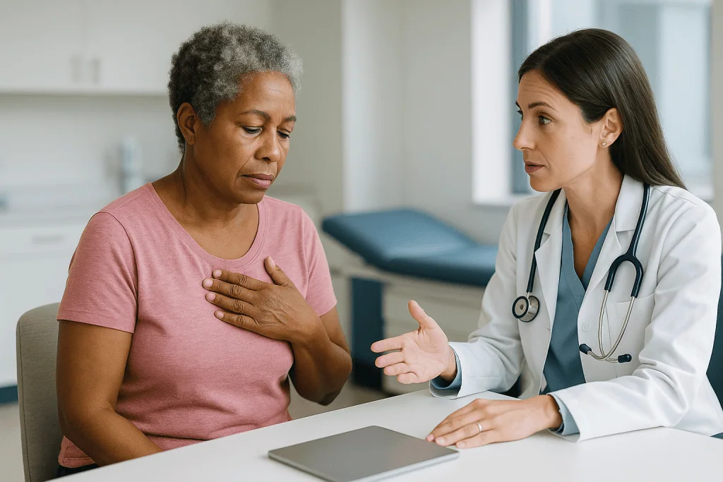 Doctor consulting with adult patient in clinical office: Are palpitations after ablation normal? The blanking period explain