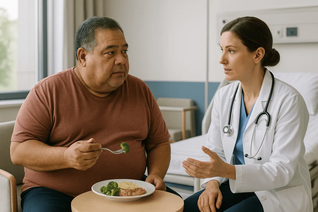 Doctor consulting patient about healthy diet with vegetables: Are there signs you need a liver transplant that the MELD scor