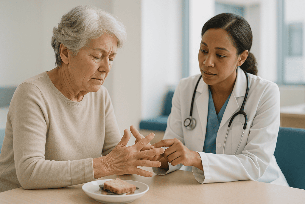 Doctor examining elderly patient's hands for arthritis: Arthritis in fingers: symptoms that point one way or the other